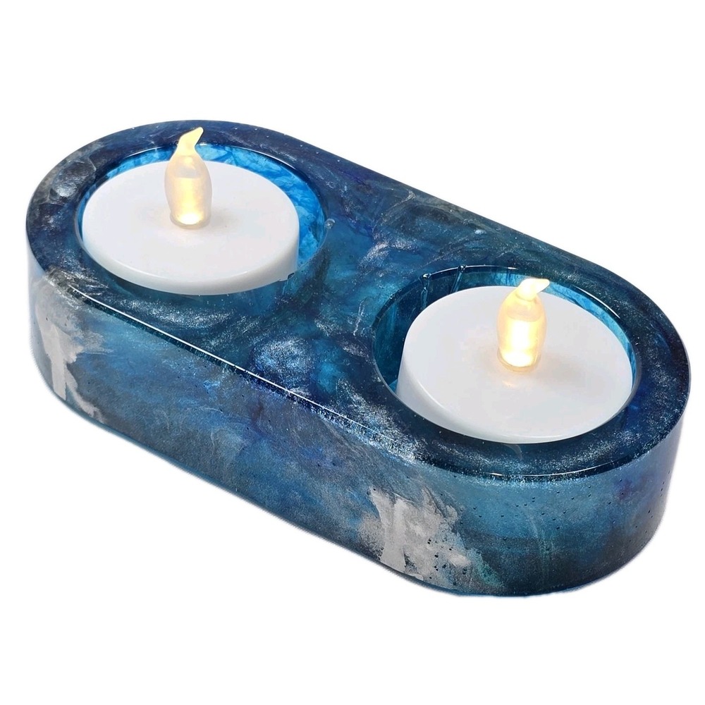 Handmade Resin Tealight Candle Holder Blue Ocean Swirl Coastal Decor Silver